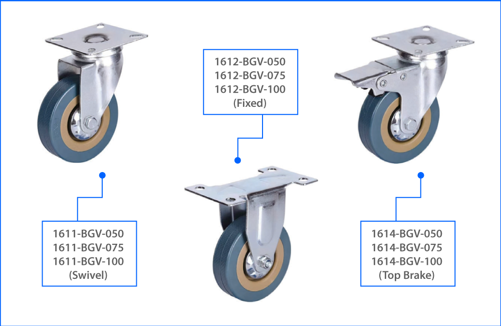 KOMTEC Light Duty Top Plate Castor C/W Gray PVC Wheel (Plain Bearing)