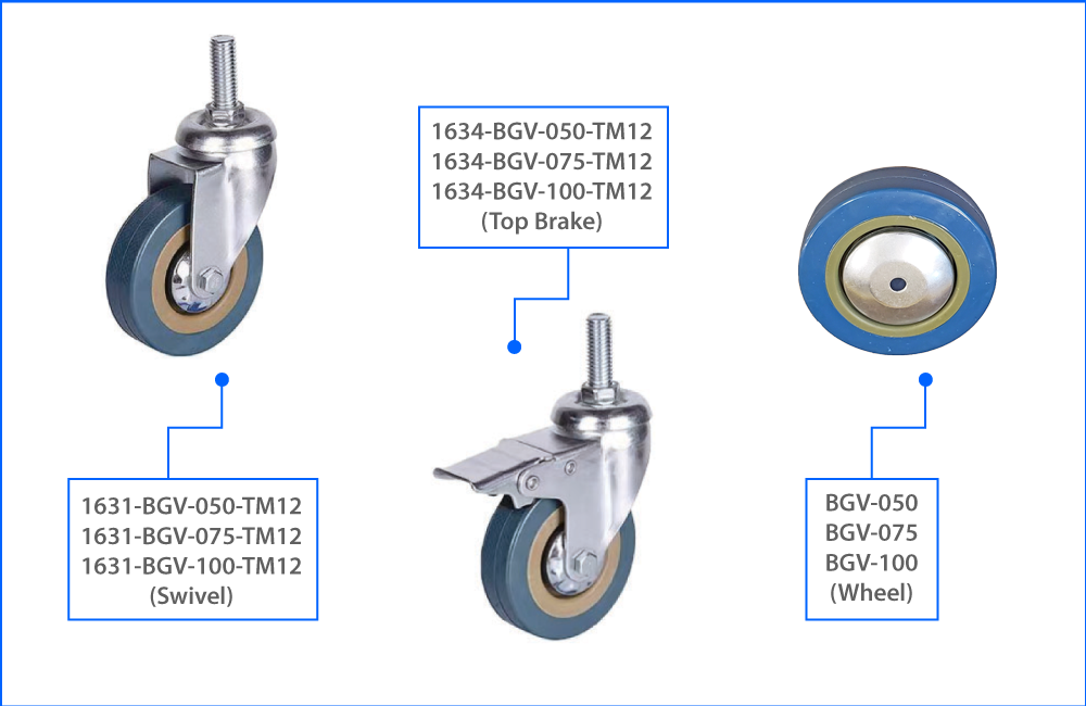 KOMTEC Light Duty M12 Thread Stem Castor C/W Gray PVC Wheel (Plain Bearing)