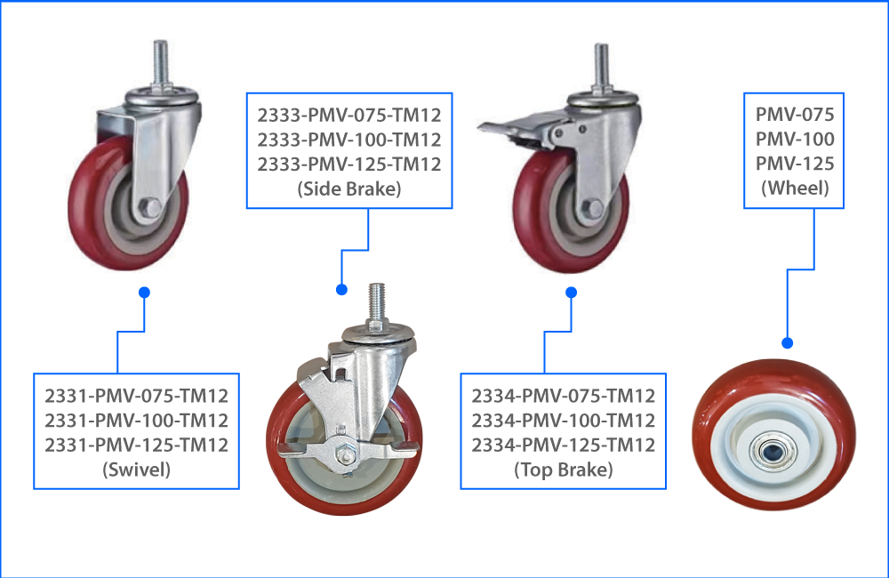 KOMTEC  Medium Duty M12 Thread Stem Castor C/W Maroon PVC Wheel (Double Ball Bearing)