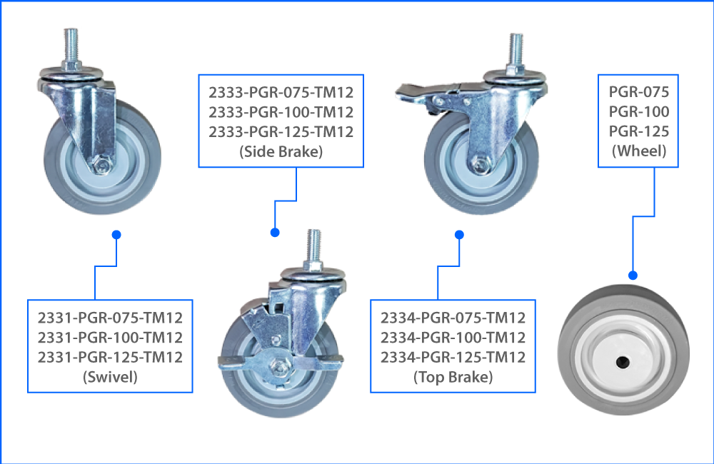 KOMTEC Medium Duty M12 Thread Stem Castor C/W Gray rubber Wheel (Double Ball Bearing)