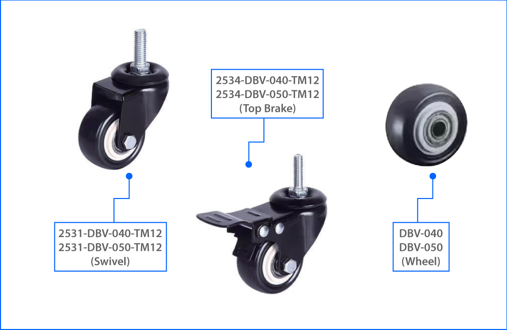 KOMTEC Medium Duty M12 Thread Stem Castor C/W Black PVC Wheel (Double Ball Bearing)